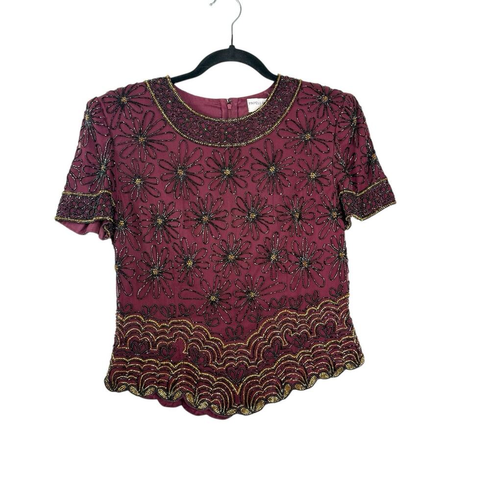 VTG Papell Boutique Burgundy Silk Beaded Blouse Floral Formal Evening Top Sz S